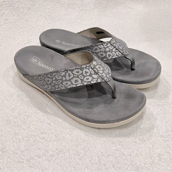 Spenco Orthotic Thong Sandals in Grey Shimmer Cheetah Print 9.5 - Picture 6 of 15